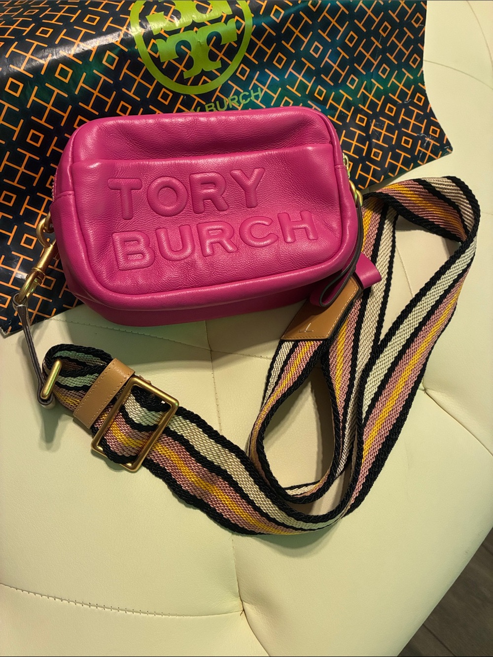 Tory Burch Fuchsia Embossed Leather Crossbody with Striped Web Strap